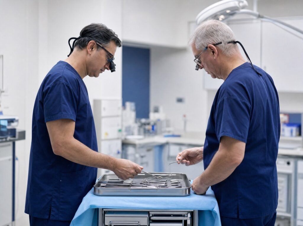 Two consultant surgeons in scrubs and surgical loupes checking a sterile tray of instruments before a list.