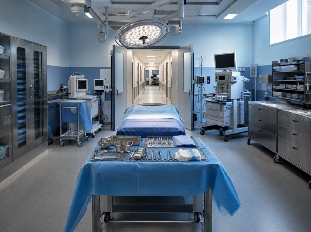 An NHS operating theatre prepared and empty at the start of a weekend list, with a sterile instrument trolley in the foreground and the hospital corridor beyond.